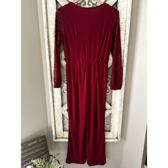 NY Collection Women's Long Sleeve Lace Surplice Elastic Waist Jumpsuit in Wine - Picture 9 of 10